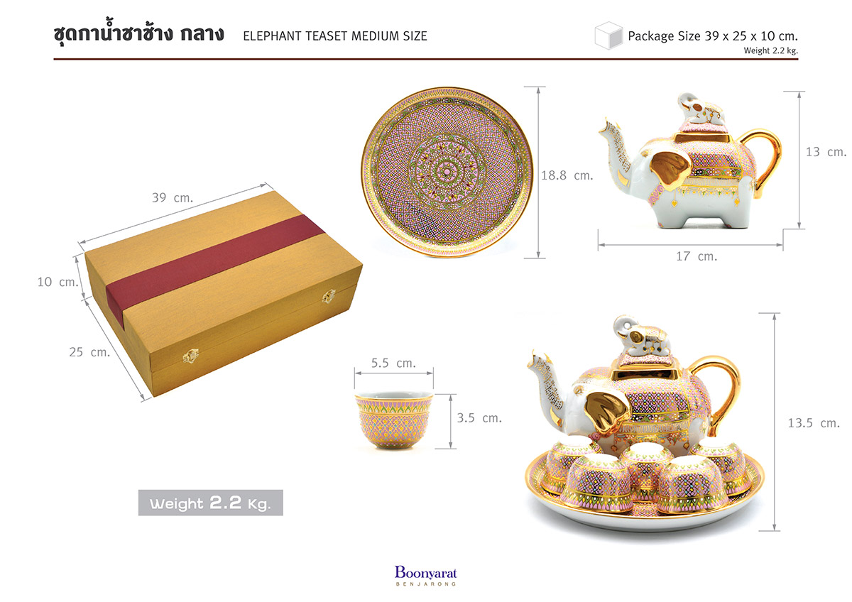 ของที่ระลึกไทย ชุดกาน้ำชาเบญจรงค์ ทรงช้าง ขนาดกลาง