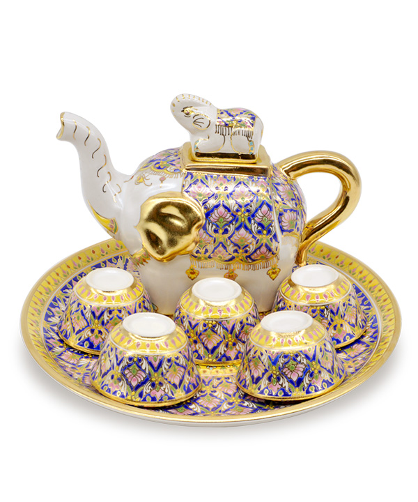 Elephant tea set in Bua-Sa-Wan pattern ,matt glaze