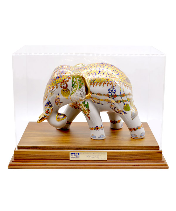 Elephant benjarong on teakwood base and arcylic case