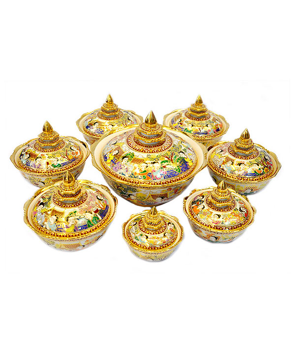 ชุดชามฝา 8 ชิ้น ลายประเพณีไทย เคลือบมัน