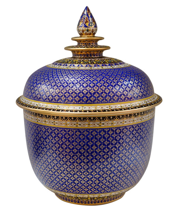 โถเบญจรงค์ 7 นิ้ว ลายพิกุลทอง สีน้ำเงิน เคลือบด้าน