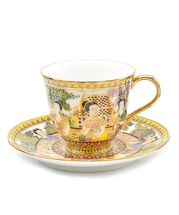 แก้วกาแฟเบญจรงค์ ลายประเพณีลอยกระทง