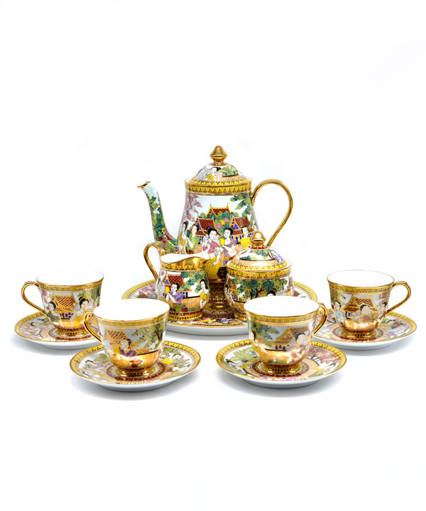 Benjarong coffee set of 4 cup, Song-Karn pattern